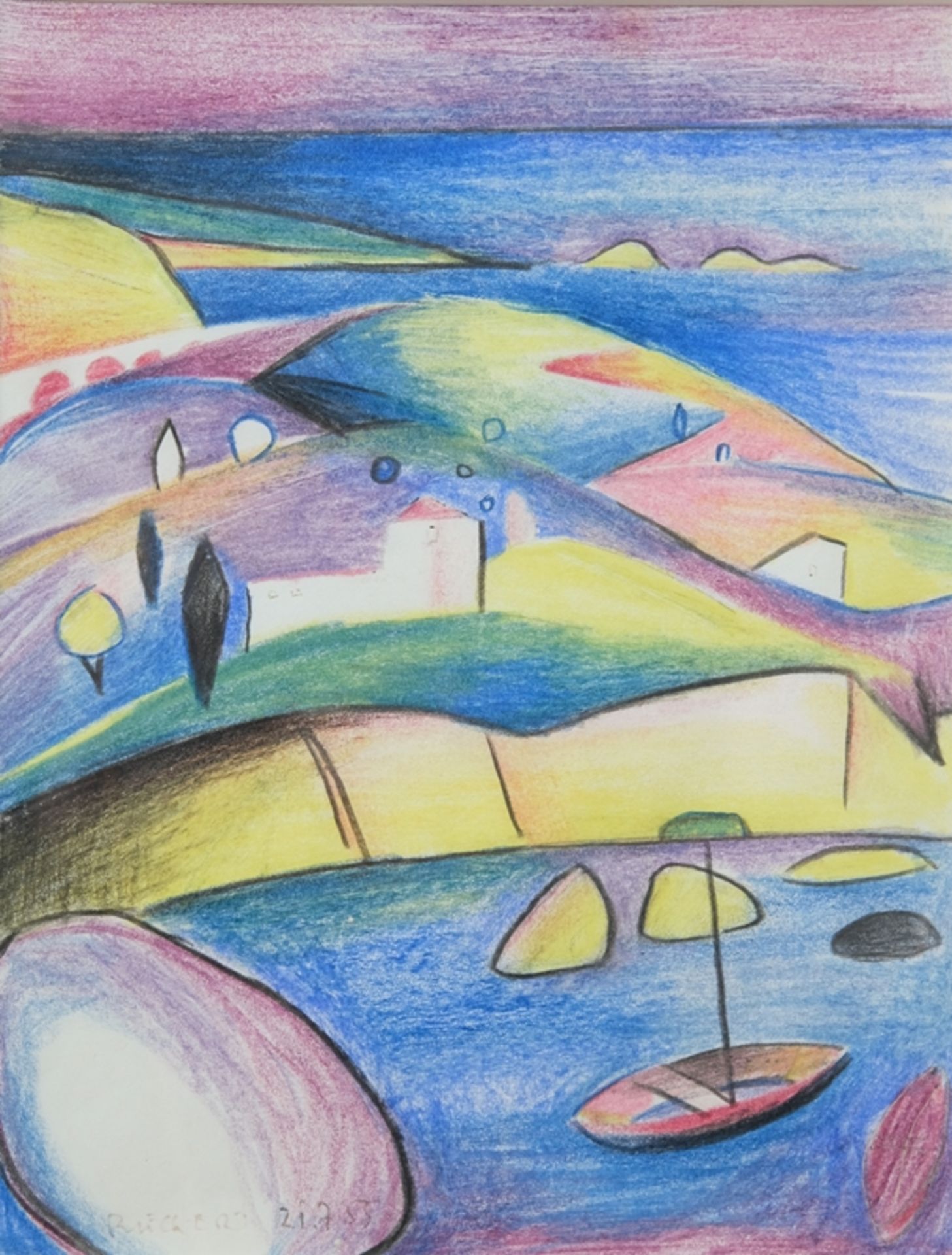 Rückert, Erich-Andreas (1920-2016) Südliche Landschaft mit Meer, 1953, Pastellkreide auf Papier.