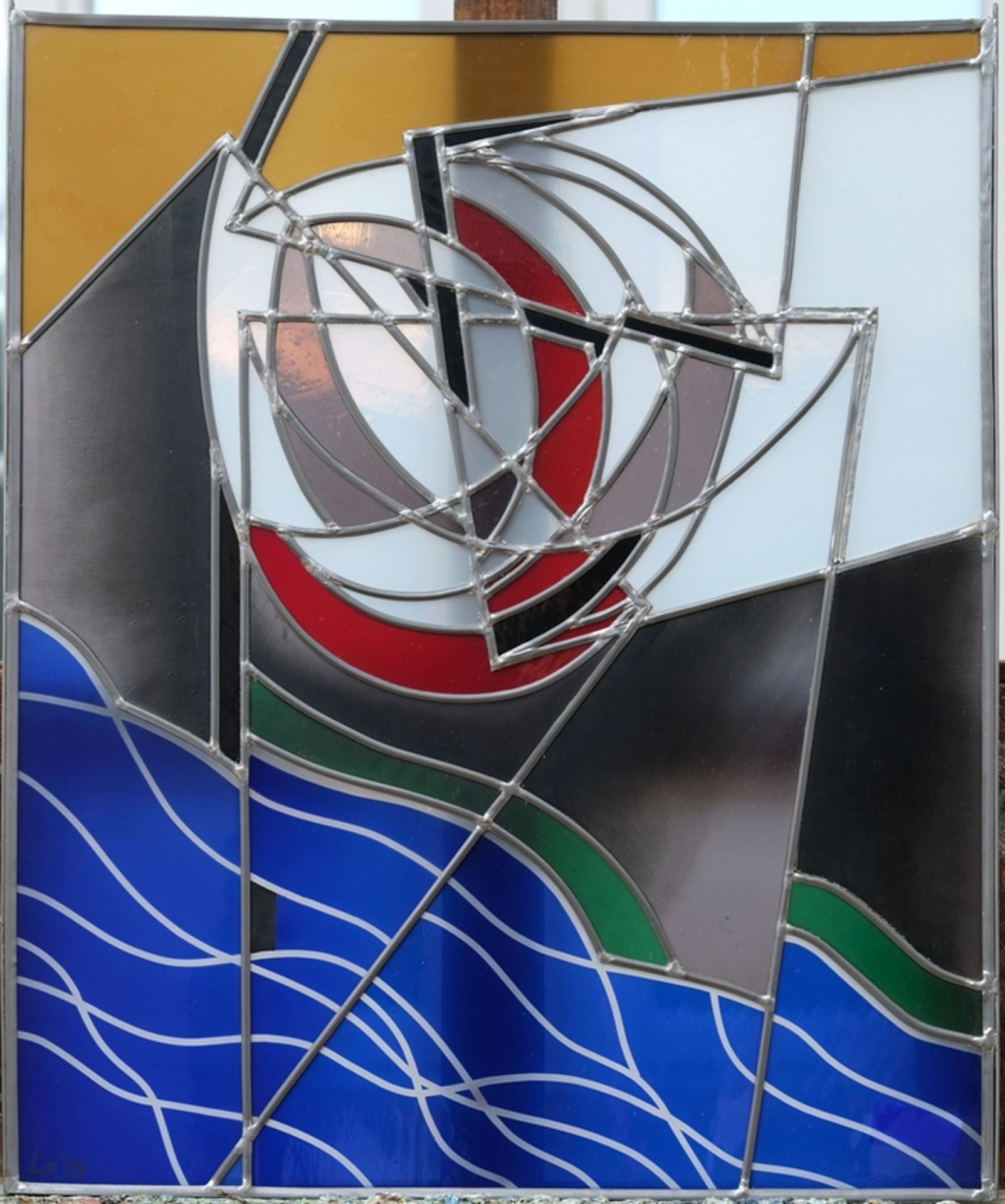 Artist glass Dieter F. Domes (1939-2016) Large lead glass window and design sketch, 1995.