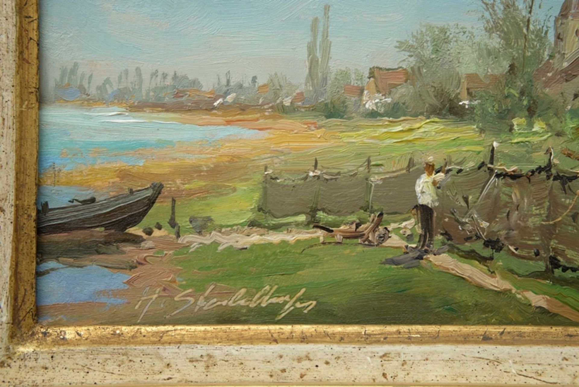 Stadelhofer, Helmut (1914-1979) Fischer auf der Insel Reichenau, oil on panel. - Image 3 of 4