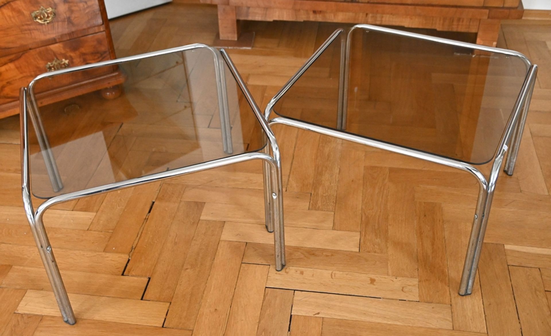 Two side tables, square side tables, chrome frame with tinted glass top, 1970s, 41x58x61cm - Image 7 of 10