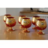 Murano Trefuochi six cognac glasses, original Venetian glasses, ruby red glass, gold leaf enamelled