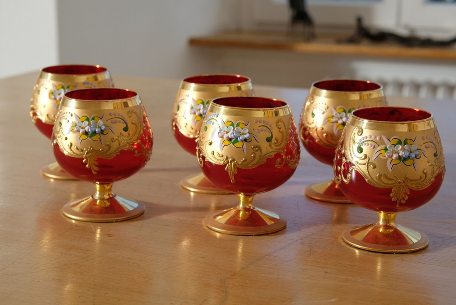 Murano Trefuochi sechs Cognacgläser, originale venezianische Gläser, rubinrotes Glas, Blattgold ema