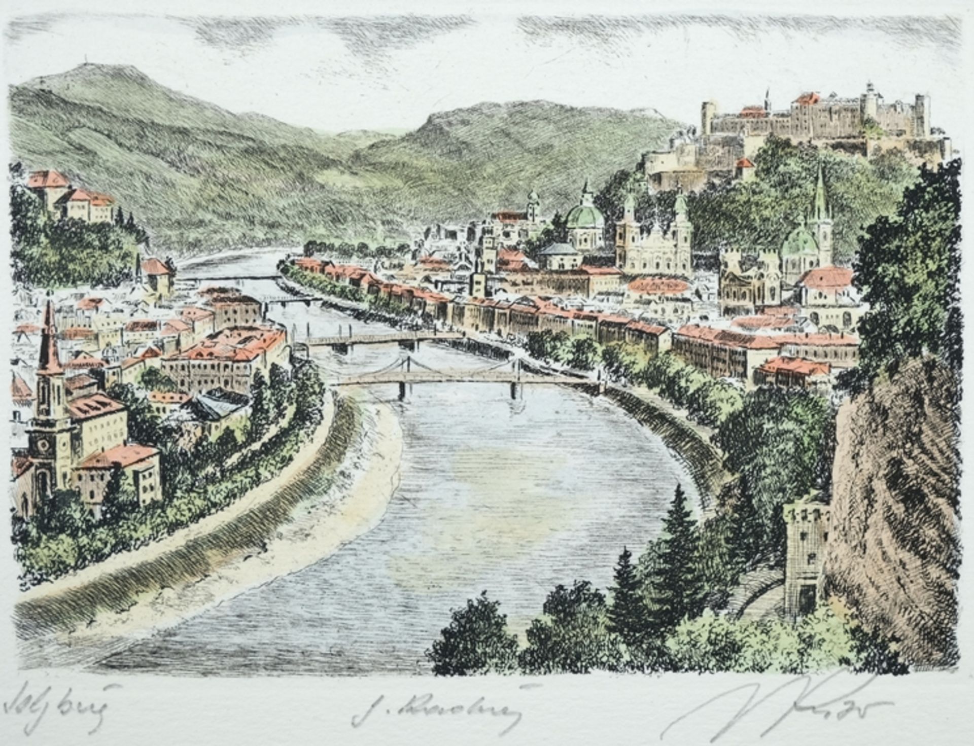 Salzburg, two city views, two etchings, one copy re-coloured.