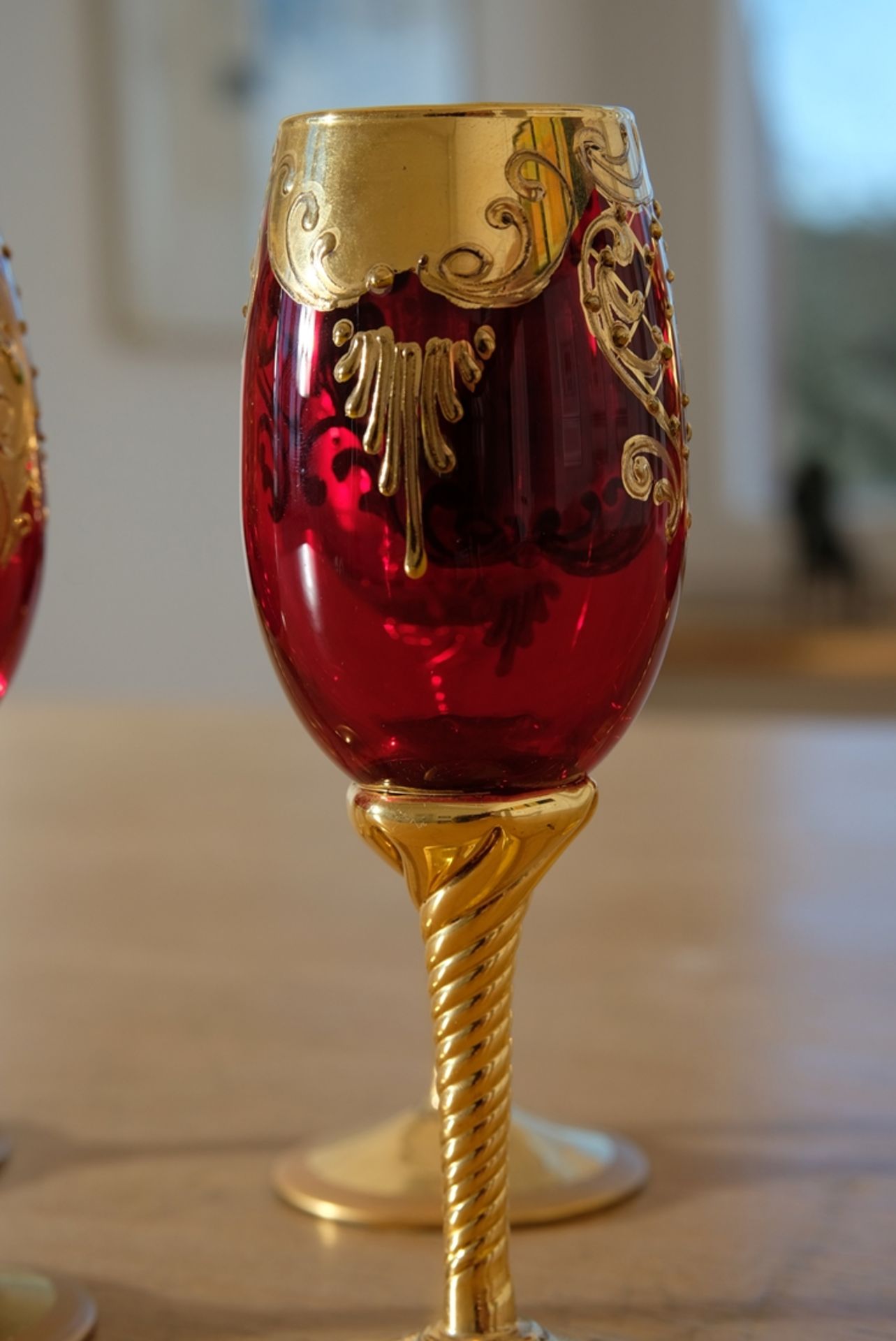 Six Murano wine glasses, Trefuochi, original Venetian wine glasses, ruby red glass, gold leaf ename - Image 3 of 4