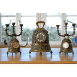 Neo-Gothic brass bell clock with thermometer and barometer, cast brass, around 1880.