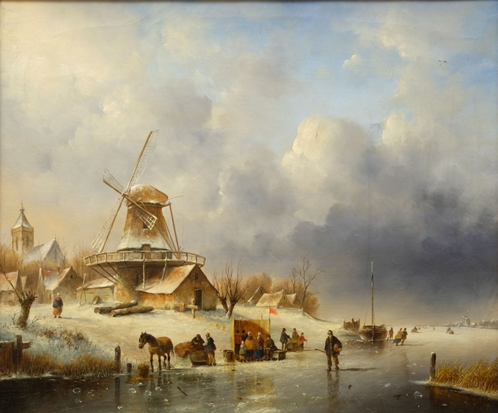 Spohler, Jacob Jan Coenraad (1837- verm. 1922) Windmühle auf schneebedecktem Deich, um 1880, Öl auf