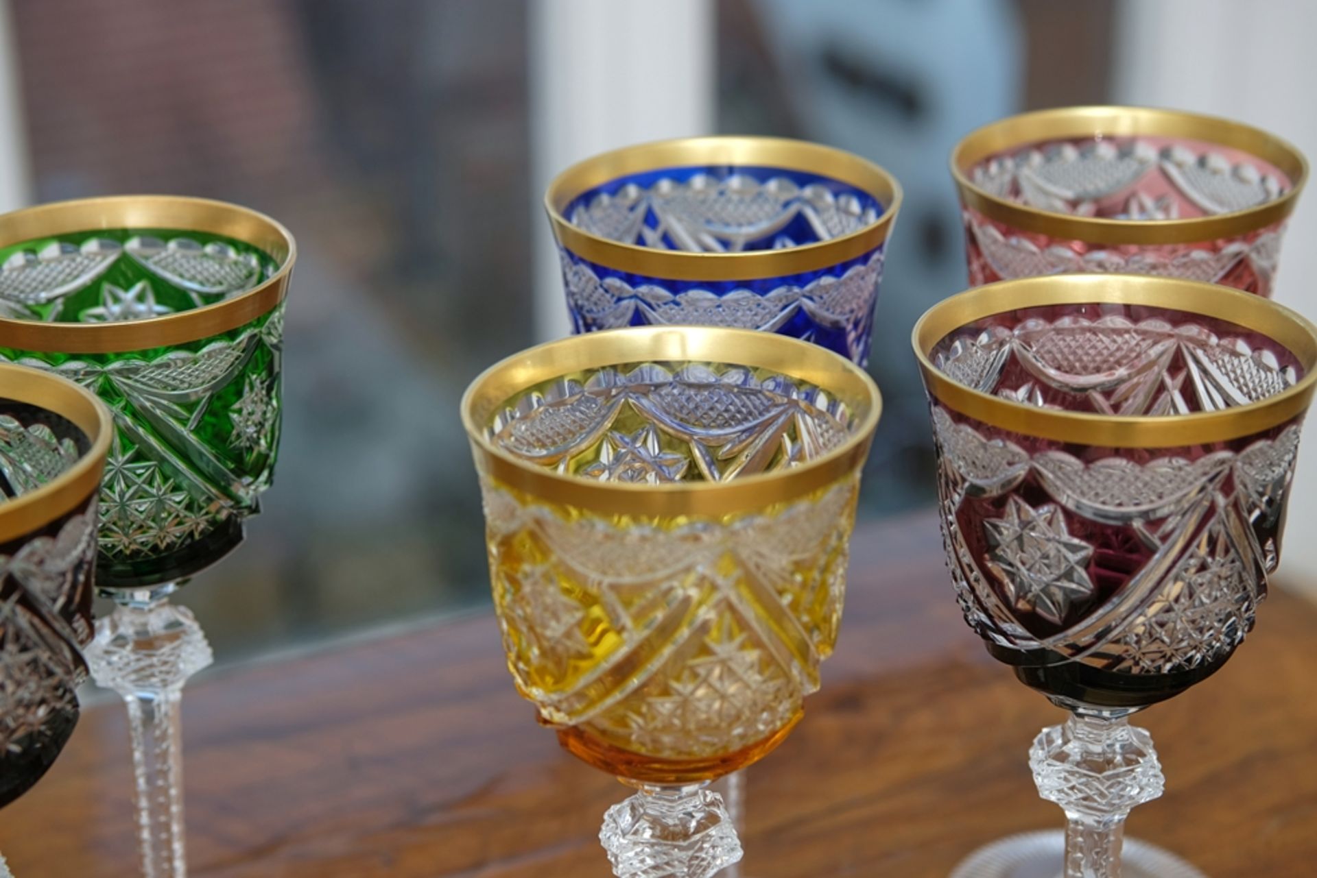 Six champagne goblets, flashed glass (lead glass) and gold rim, as well as nodus with pointed stone - Image 2 of 4