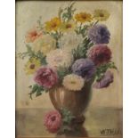 Thiele, Wilhelm (1872-1939) „Herbstblumen“ in Vase, Ölgemälde auf Platte, ohne Jahr.