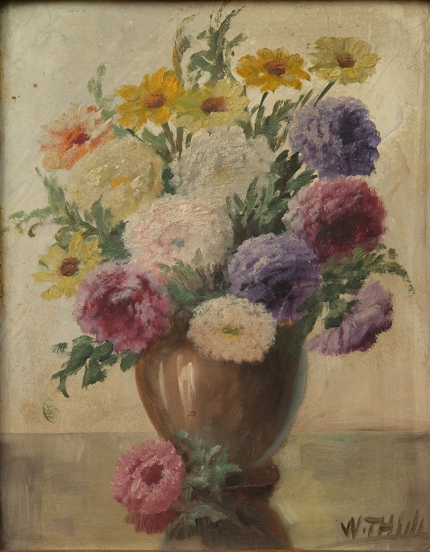 Thiele, Wilhelm (1872-1939) „Herbstblumen“ in Vase, Ölgemälde auf Platte, ohne Jahr.