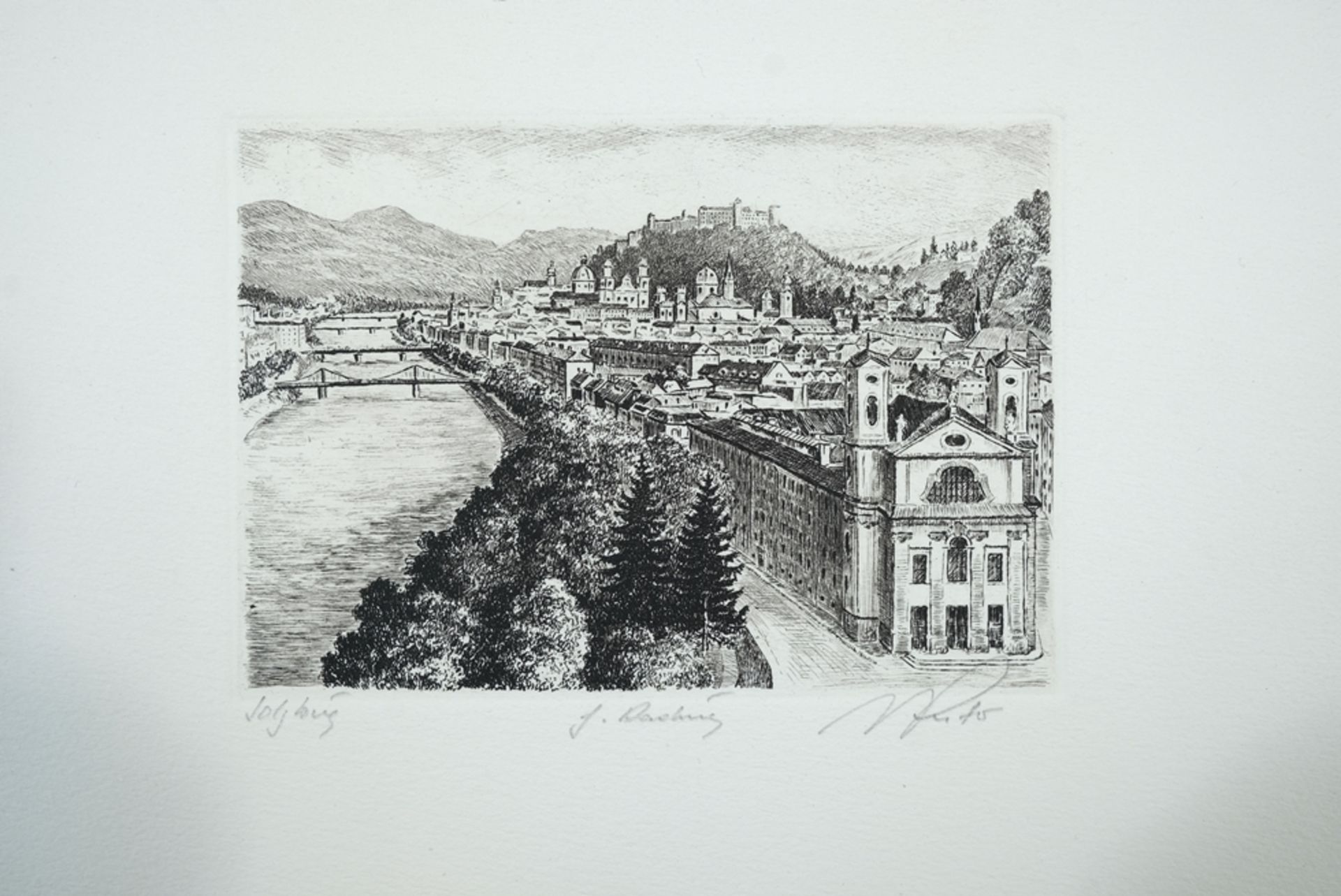 Salzburg, two city views, two etchings, one copy re-coloured. - Image 2 of 3