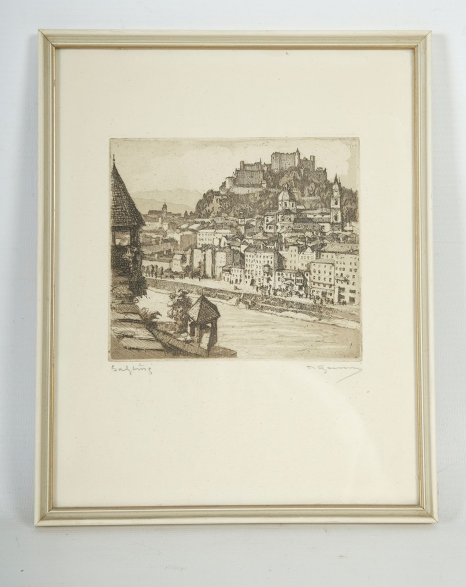 Salzburg, no year, etching. Depiction of the city of Salzburg with castle in the background. Titled - Image 2 of 3