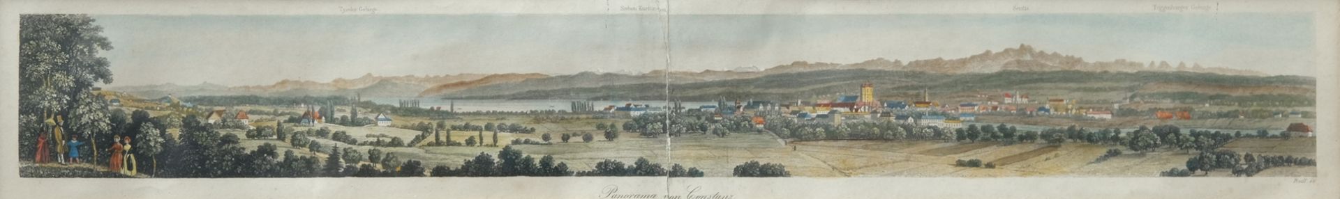 "Panorama von Konstanz", kolorierte Lithographie. Gestochen von "Ruff". Mittig gefalzt und leicht a