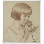 Amiet, Cuno Peter (1868-1961) Damenportrait mit Rose, 1947, Konturen-Kohle-Farbkreide-Zeichnung auf