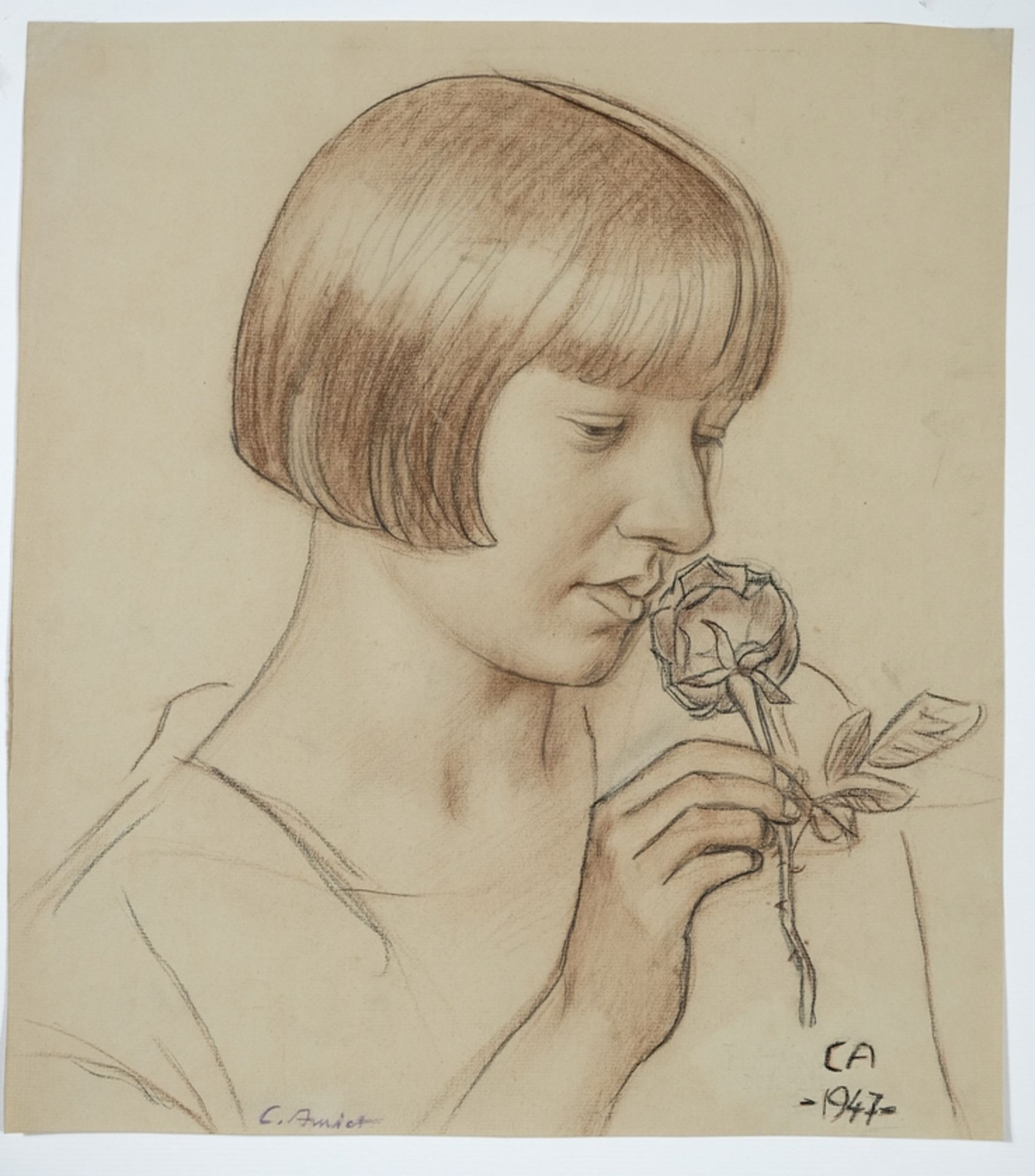 Amiet, Cuno Peter (1868-1961) Damenportrait mit Rose, 1947, Konturen-Kohle-Farbkreide-Zeichnung auf