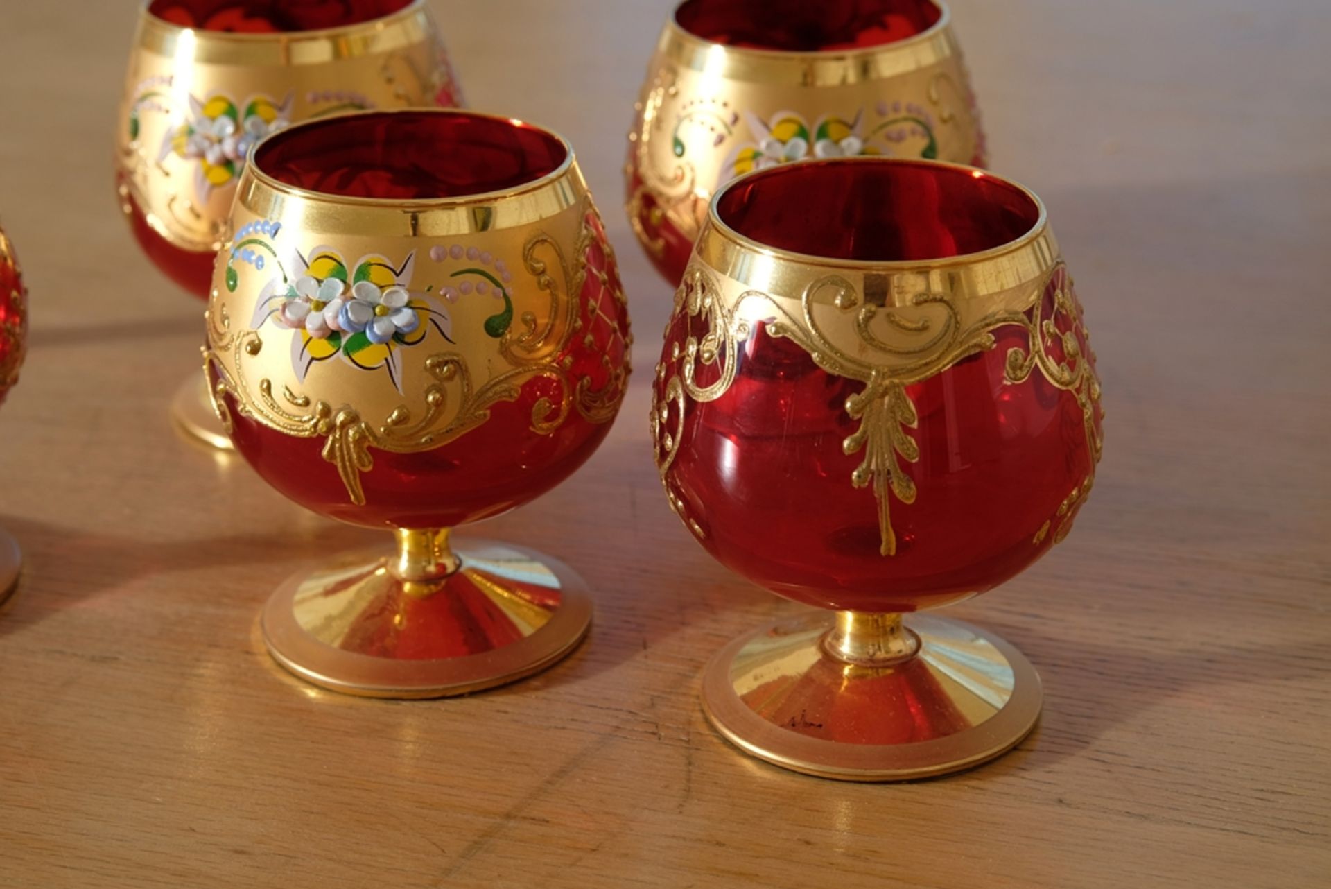 Murano Trefuochi sechs Cognacgläser, originale venezianische Gläser, rubinrotes Glas, Blattgold ema - Bild 4 aus 4