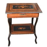 Sewing table, richly inlaid, on four thin, curved square legs, shelf, hinged, five compartments of 