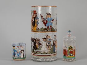 3 verschiedene bemalte Zunft Glasgefäße im Stile des Barock Klarglas mit polychromer Emaillemalerei,