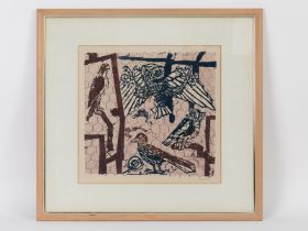 Grimm, Wilhelm (1904 - 1986) Farbholzschnitt auf Papier; "Vogelvoliere"; Darstellung vierer Vögel