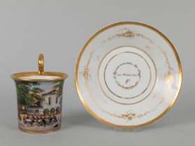 Andenkentasse mit Untertasse, Darstellung einer ausgelassenen Verbindungsfeier, Deutschland, um 1850