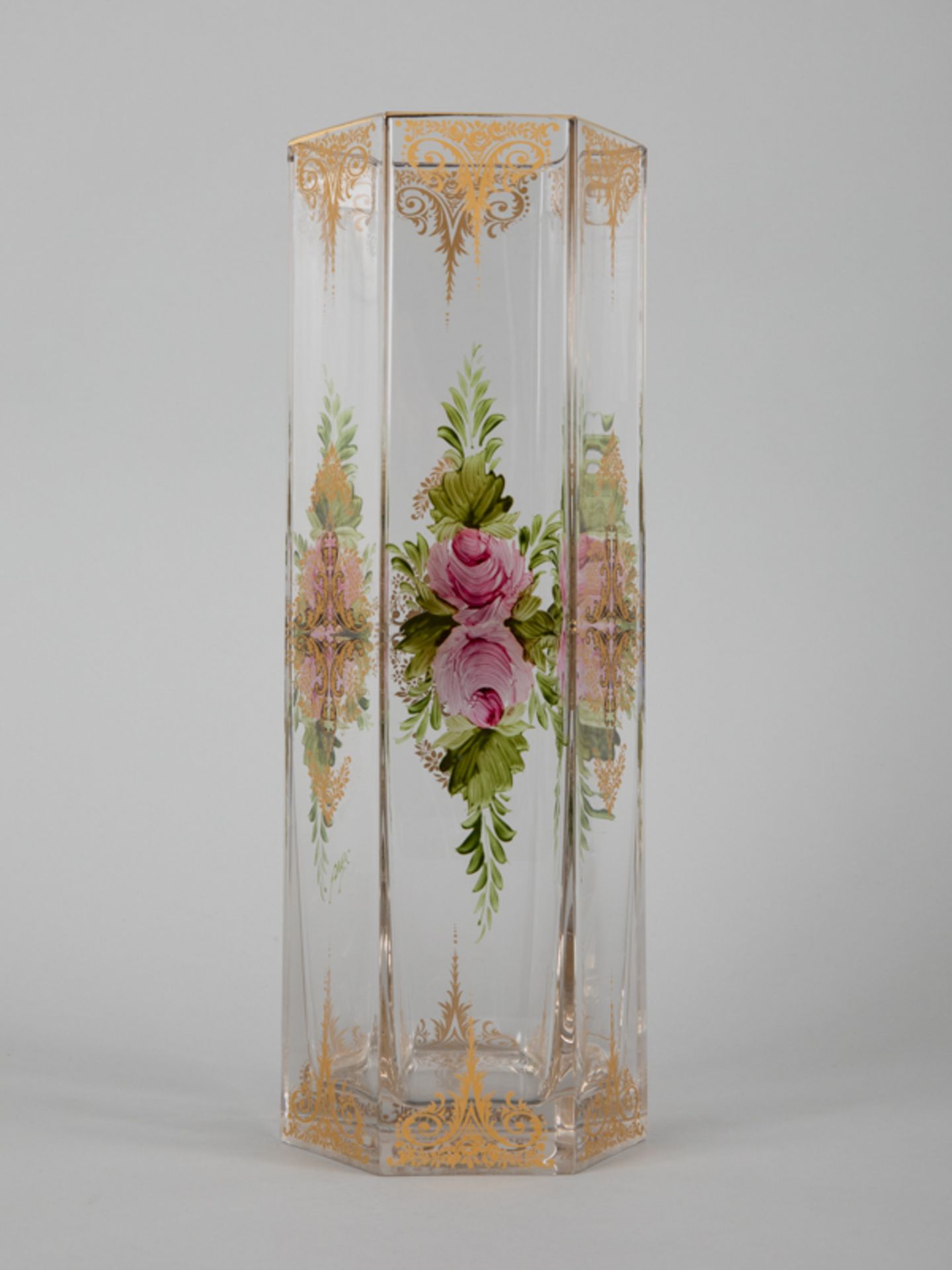 Große Jugendstil Vase mit Floral- und Goldmalerei, Anfang 20. Jahrhundert Klarglas mit polychromer - Bild 2 aus 2