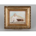 Miniaturmalerei "Mädchen mir Hund", um 1900 Temperamalerei weiß gehöht auf Malpappe; Portrait