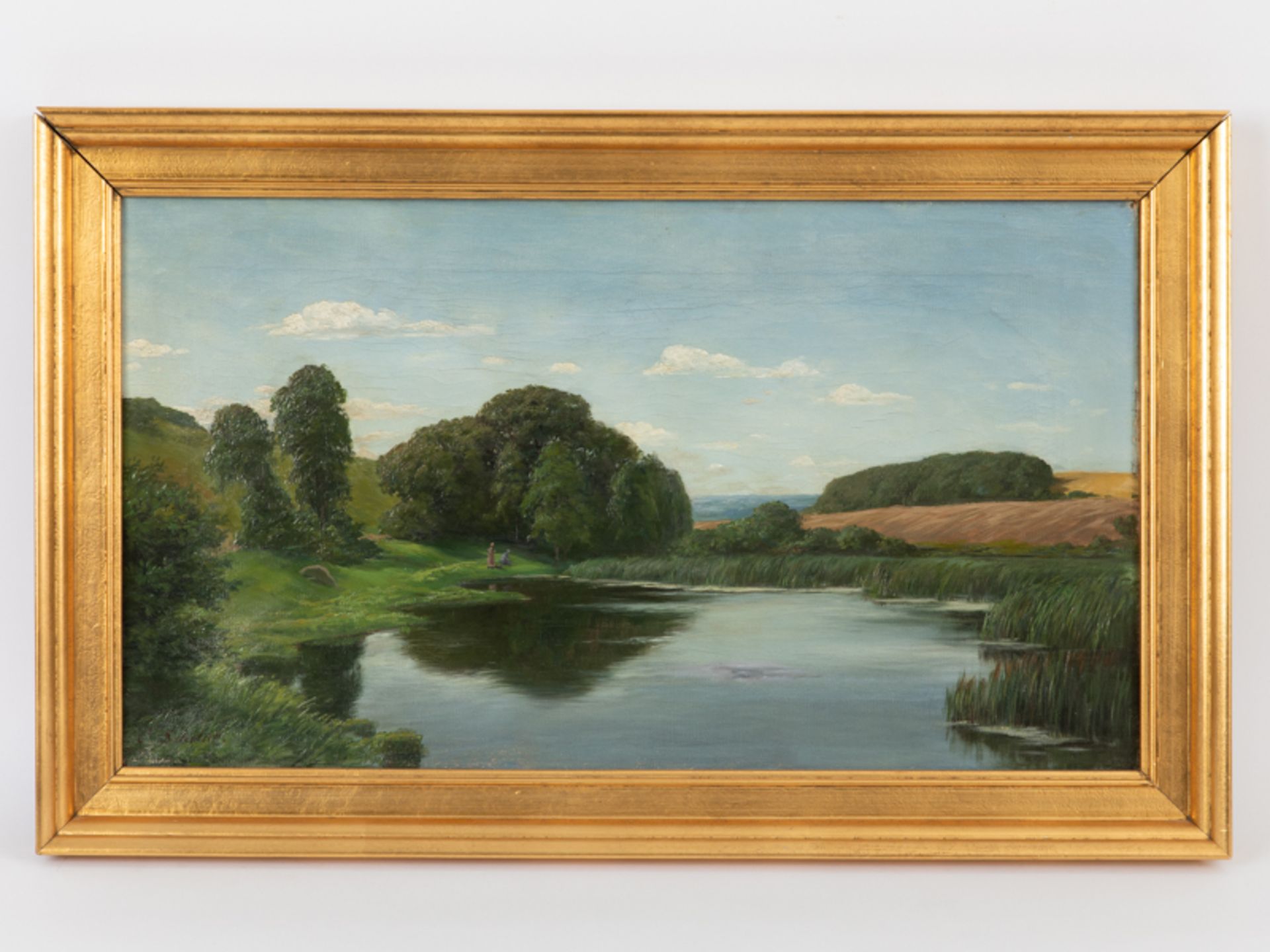 Schildt, Carl (1851 - 1920) Öl auf Leinwand; "Seenlandschaft"; leicht hügelige Landschaft in der