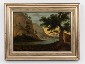 Unbekannter Meister, um 1900 Öl auf Blech; Landschaftsmalerei einer gebirgigen Seelandschaft mit