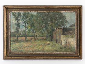 Höckner, Rudolf (1864 - 1942) Öl auf Papier auf Karton; "Sommerliche Landschaft hinter einem