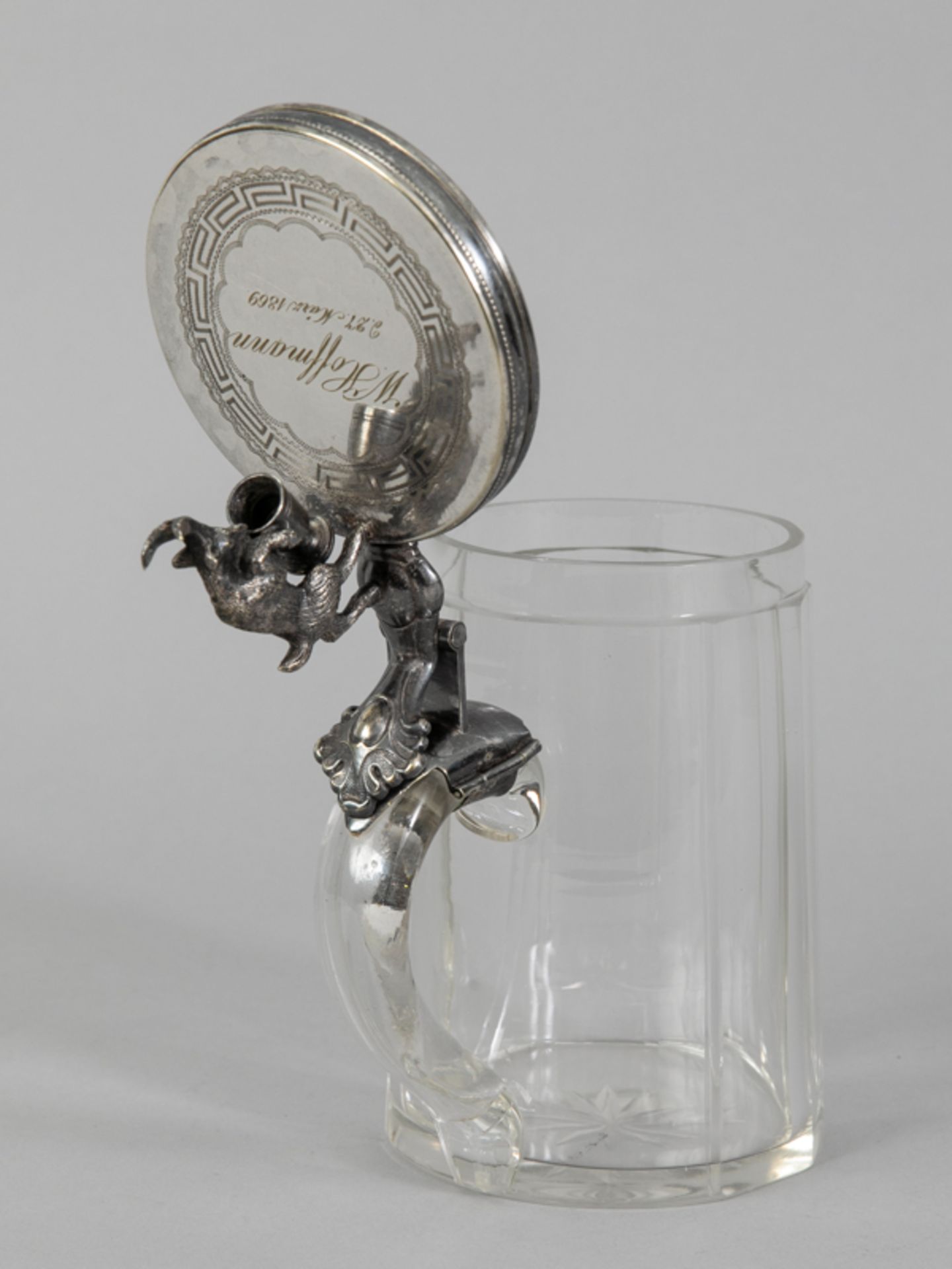 Bierseidel aus Kristallglas mit Metalldeckel und Geißbock, Deutschland, 1869 Mundgeblasenes - Image 2 of 5
