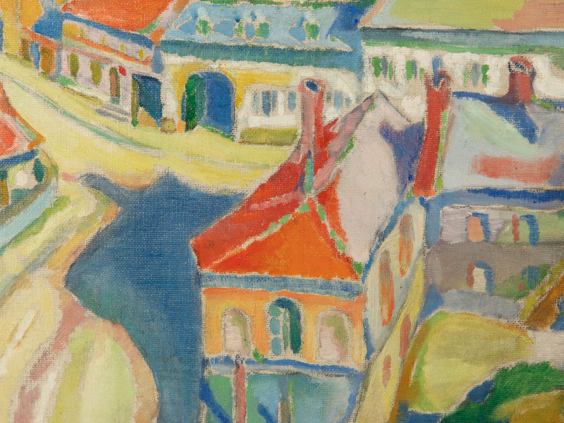 Dollerschell, Eduard (1987 - 1948) Öl auf Leinwand; "Das rote Dorf"; Koloristische - Image 2 of 5