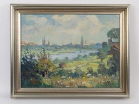 Reuter, Werner (1902 - 1962) Öl auf Leinwand; "Panorama von Lübeck"; unten links signiert; Bildgröße