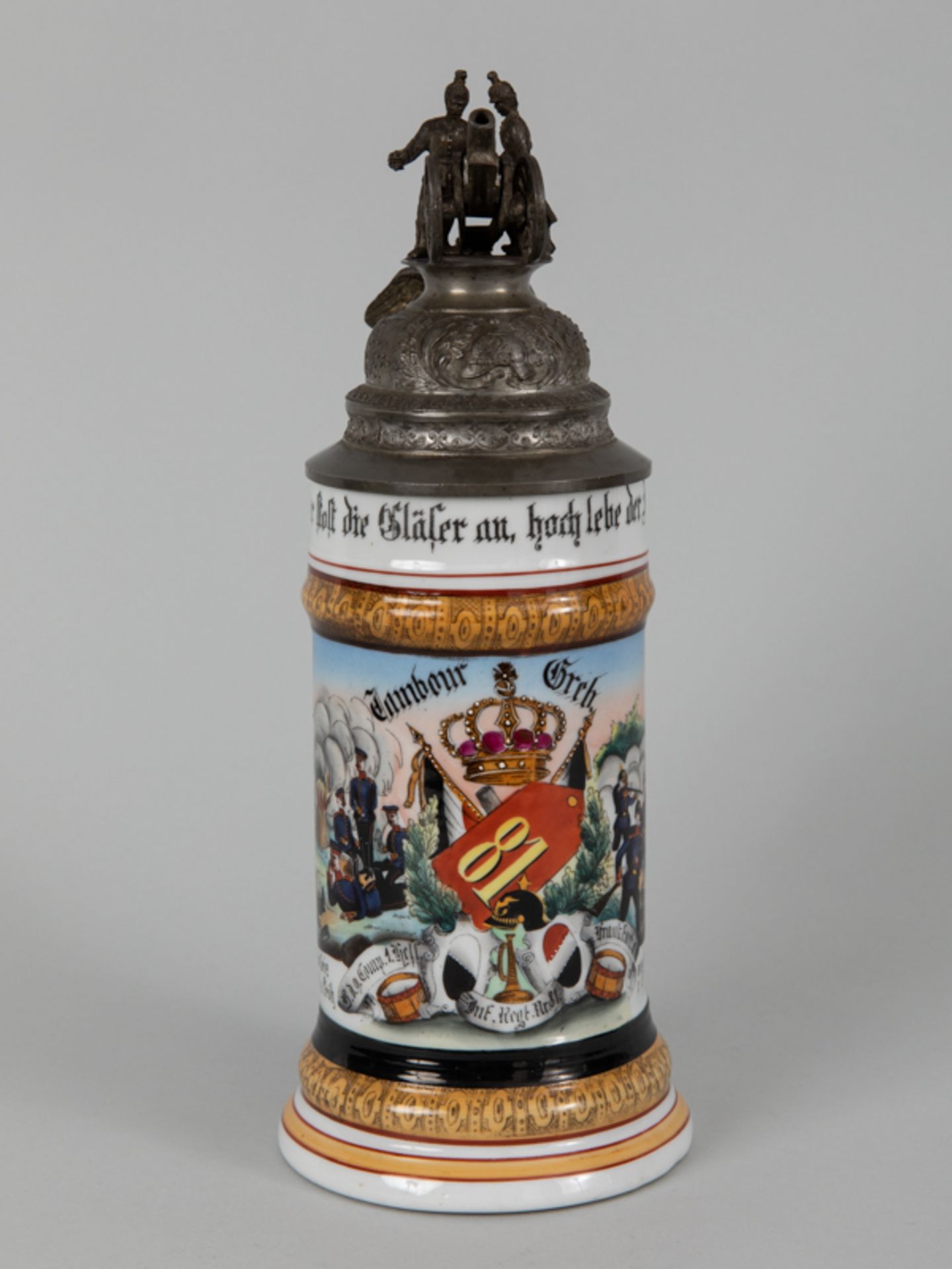 Reservistenkrug mit Zinndeckelmontur und Lithophanie des Tambour Greb, Frankfurt, datiert wohl 18( - Bild 2 aus 4