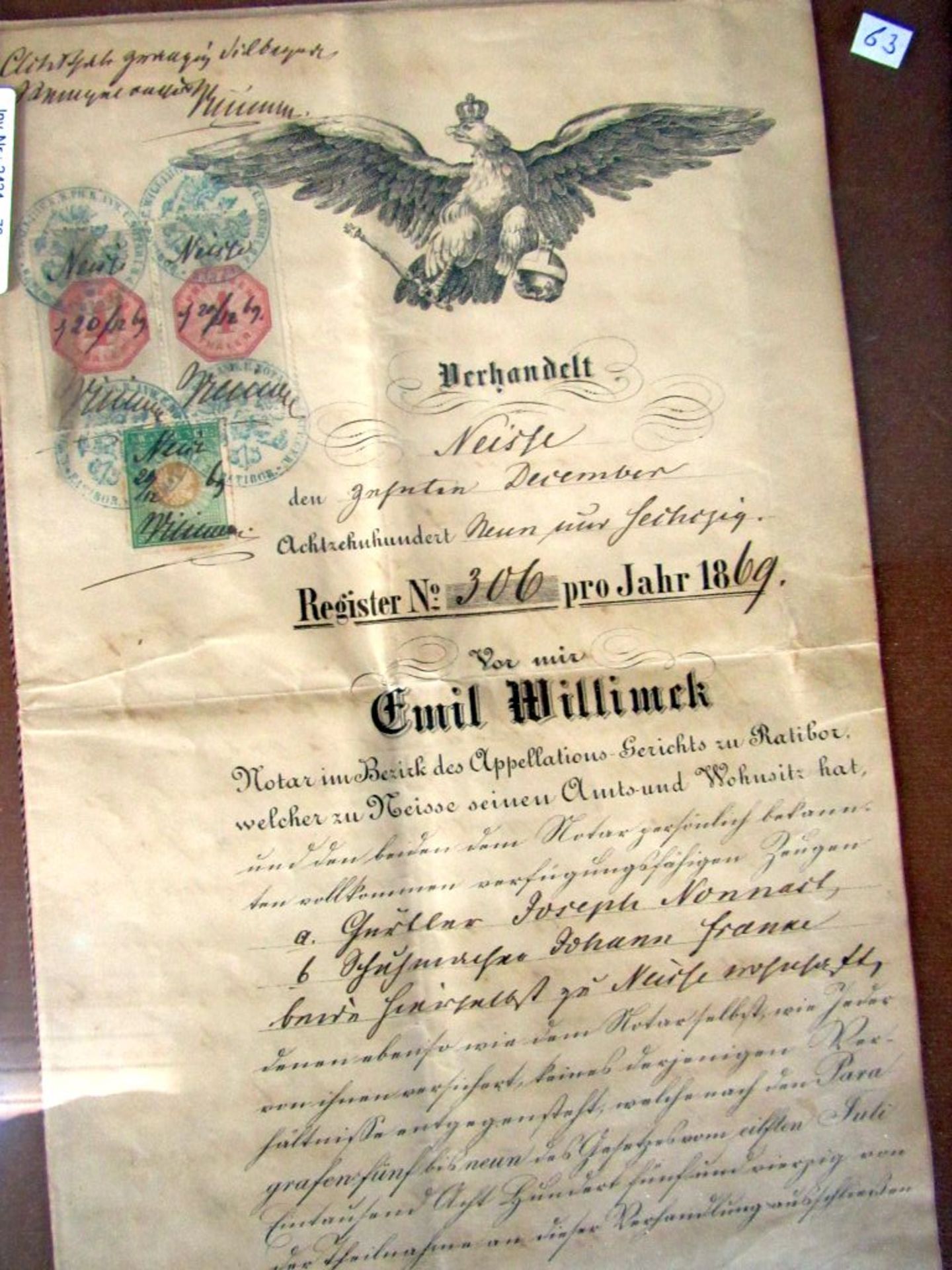SchriftstÃ¼ck gerahmt 1869 Dokument