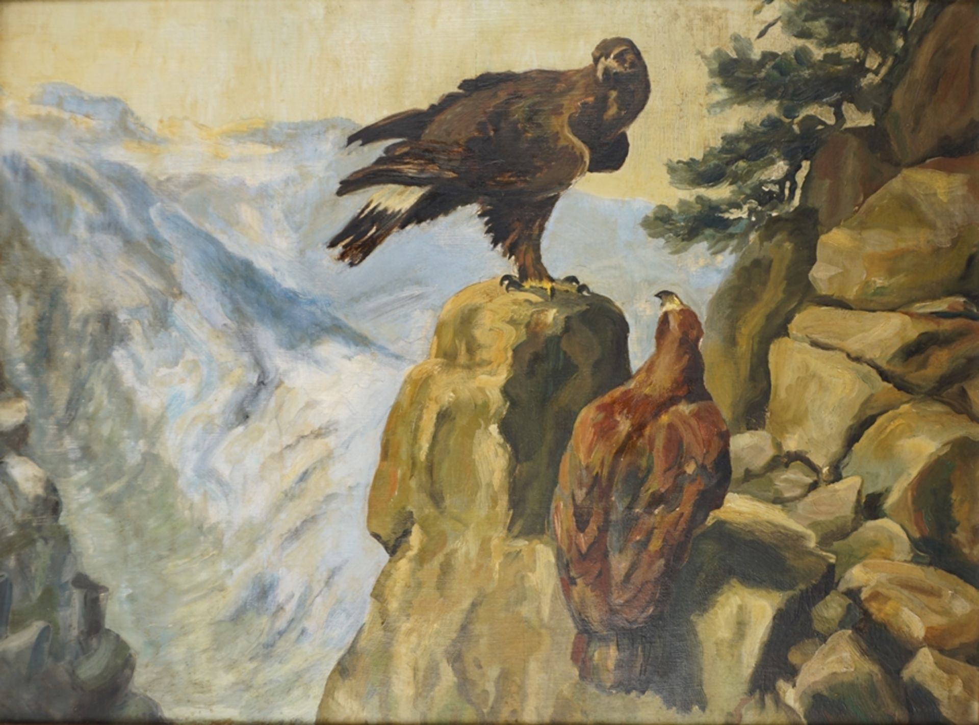 anonyme/r Künstler/in, "Adlerpaar auf Felsen", 1940er Jahre, Öl/Hf.