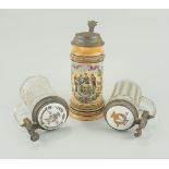 3x Bierkrüge "Sängerbund", davon 1x Keramik und 2x Glas mit Porzellandeckel, um 1880/1900