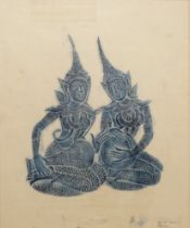 2 thailändische Musikerinnen, Wat-Pho-Tempel-Kreidefrottage, Mitte 20.Jh.