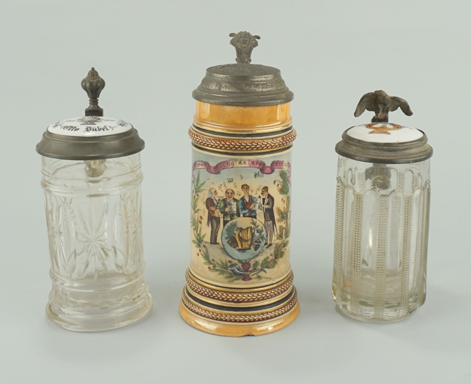 3x Bierkrüge "Sängerbund", davon 1x Keramik und 2x Glas mit Porzellandeckel, um 1880/1900 - Image 2 of 3