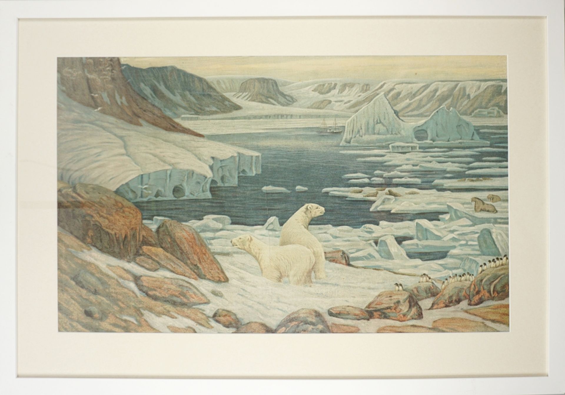 Polarlandschaft mit Eisbären, Pinguinen und Walrössern, 1. Hälfte 20.Jh.