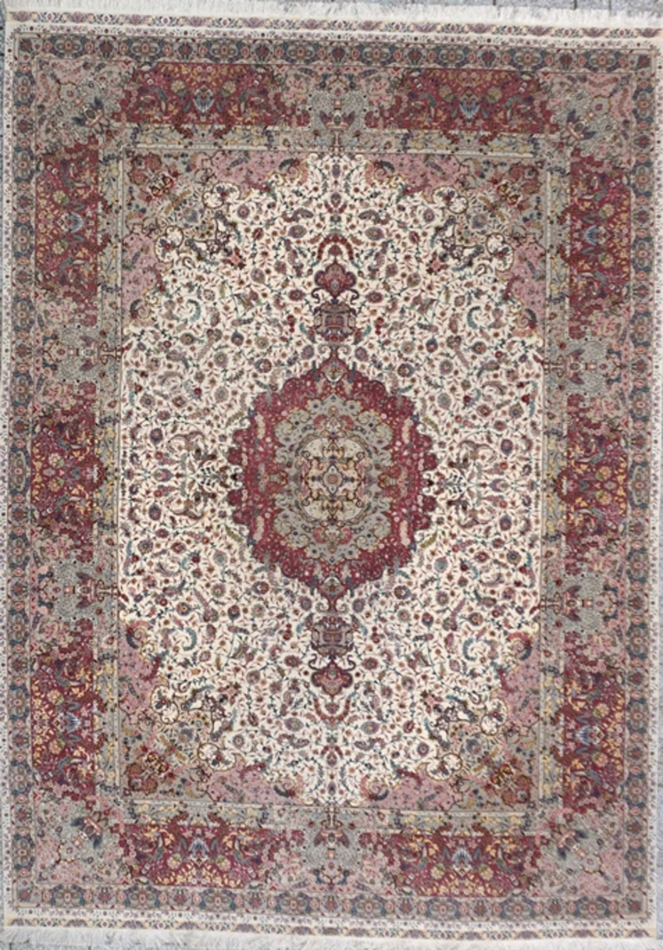 Teppich, Kaschmir, Seide, beige-altrosé-gründig, 350x250cm, ca. 800.000 Knoten