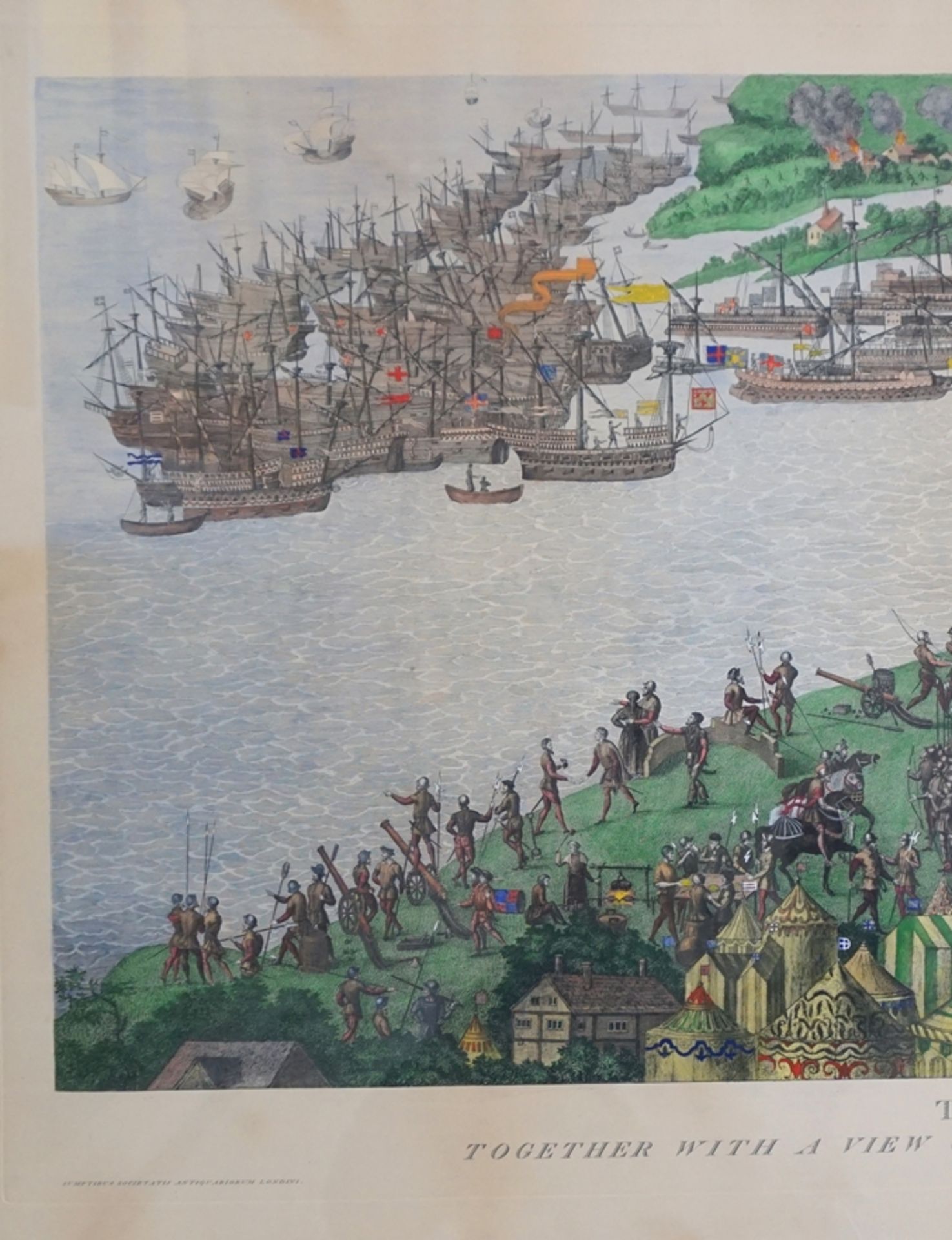 großformatige, handkolorierte Lithografie (?), "Seeschlacht im Solent von 1545 bei Portsmouth" - Bild 4 aus 4