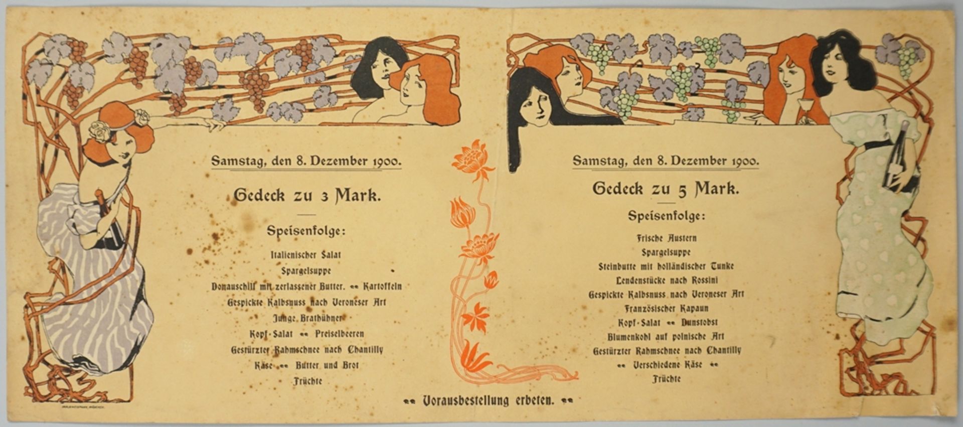 Speisekarte für den 8.Dezember 1900, Druck Karl & Weidmann, München