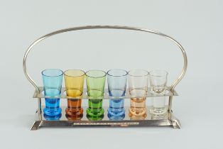 Schnapsglasträger mit 6 farbigen Gläsern, 1940er Jahre