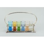 Schnapsglasträger mit 6 farbigen Gläsern, 1940er Jahre
