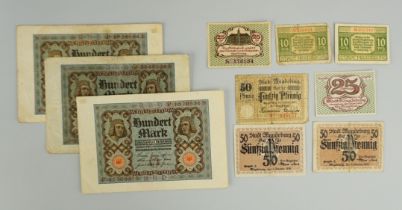 6 Scheine Notgeld Magdeburg, überw.1917/1918, 3x 100 RM 1920, Z.1-2