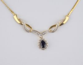 Collier mit Saphir und 12 Diamant- Brillanten, 585er Gold