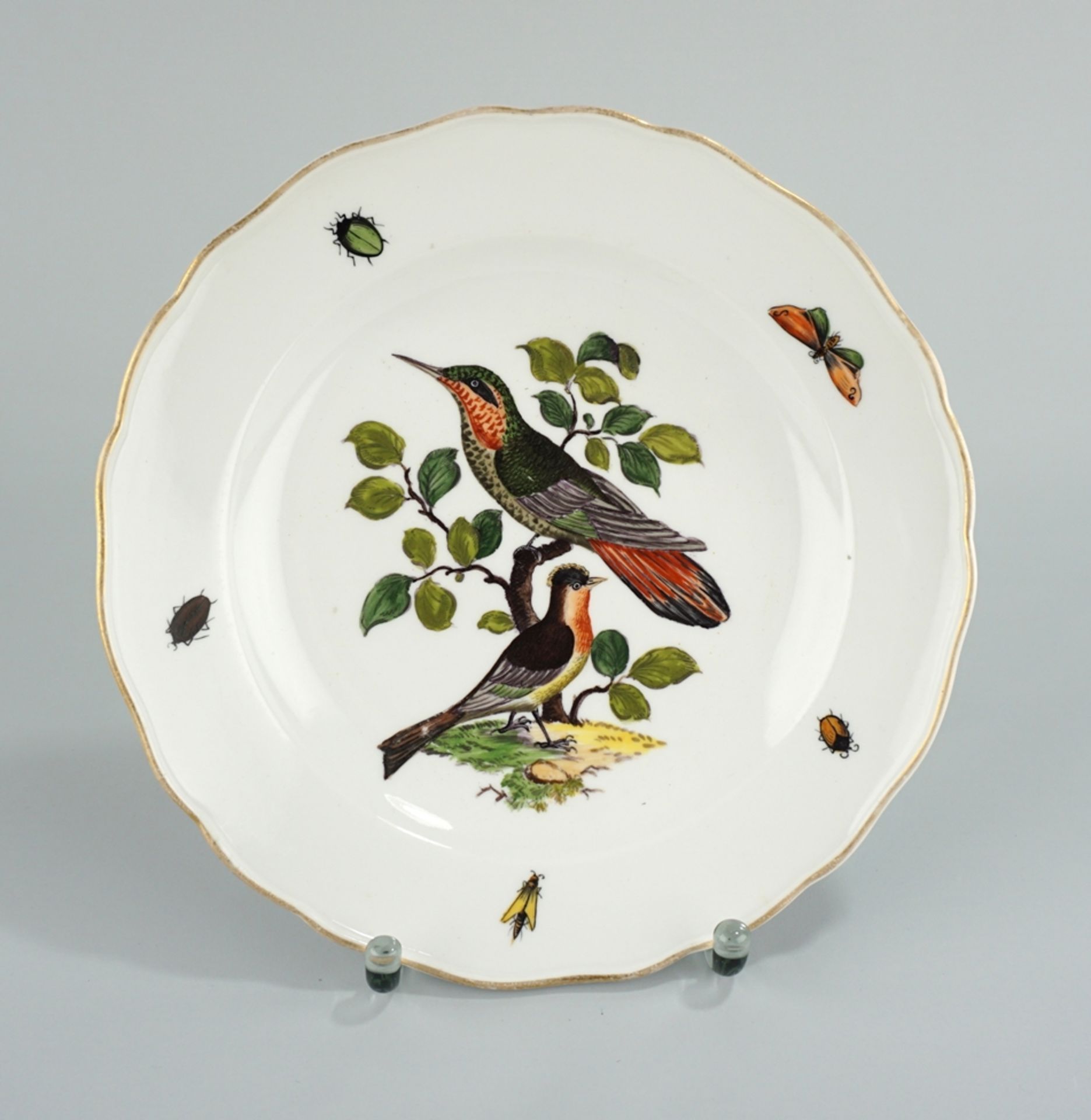 Teller mit Vögeln und Insekten, Hausmalerei, Meissen, Knaufzeit (1815-1924)