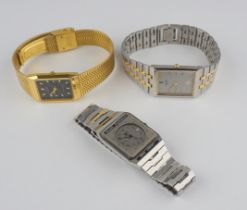 3 Armbanduhren mit Karree-Gehäuse, Quarz, Seiko und Citizen, Buler, 1980er Jahre