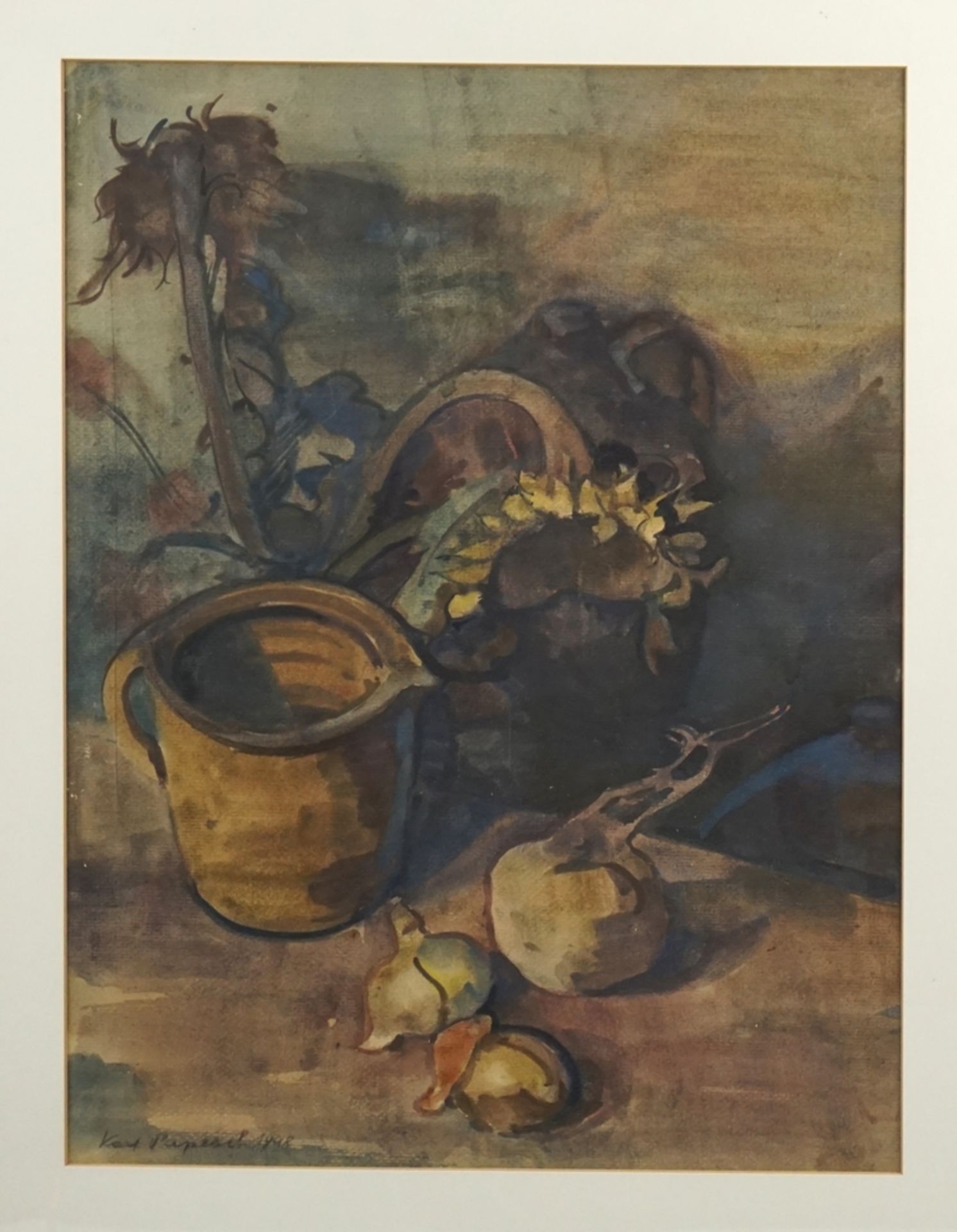 Karl Papesch (1901, Wien-1983, Gütersloh), "Stillleben mit Sonnenblumen und Gemüse", 1948, Aquarell