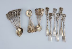 6 Kuchengabeln, 6 Mokkalöffel und 6 Kaffeelöffel, Hildesheimer Rose, 800er Silber