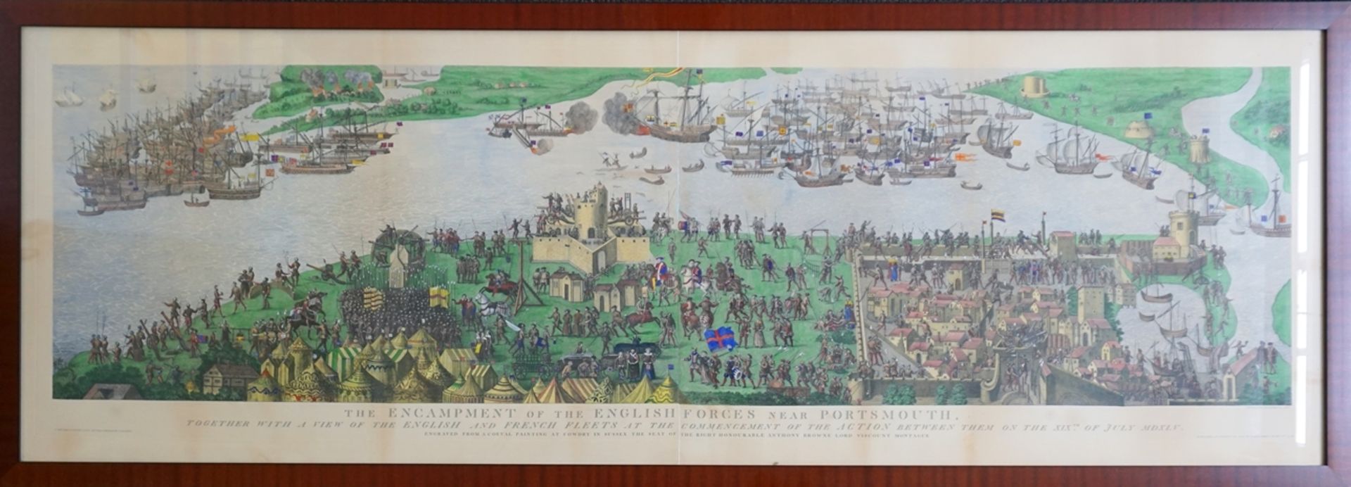 großformatige, handkolorierte Lithografie (?), "Seeschlacht im Solent von 1545 bei Portsmouth"